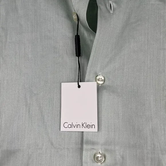 Calvin Klein Shirt Green White Striped Button Up Long Sleeve Mens 16.5 New NWT - Picture 3 of 14